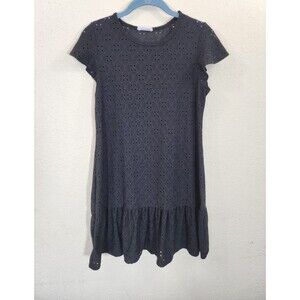 Mady & Nell Dress Womens Small Black Eyelet Flutter Sleeve Drop Waist Ruffle Hem